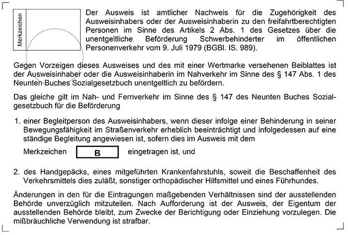 Muster 4 - Ausweis zur unentgeltlichen Beförderung im öffentlichen Personenverkehr - Rückseite