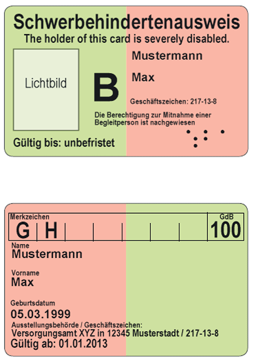 Muster 5 - Schwerbehindertenausweis nach § 1 Absatz 5 (Vorder- und Rückseite)